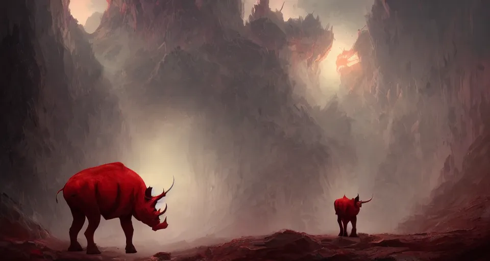 Image similar to a red rhino in the bone kingdom, beautiful, soft lighting, artstation, storybook,