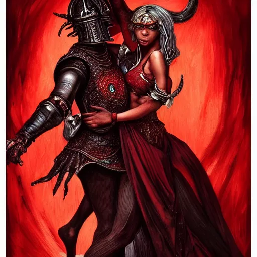 Image similar to a photograpic portrait of a black man dancing with a female devil wearing red clothes, Dark souls themed, fantasy, intricate, elegant, highly detailed, digital painting, artstation, concept art, smooth, sharp focus, illustration, art by artgerm and H R Giger and alphonse mucha