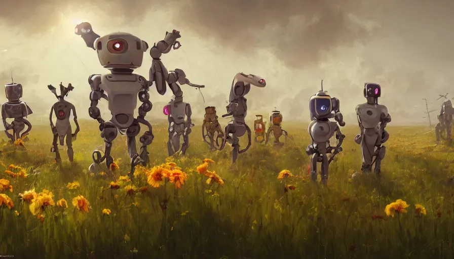 Image similar to a table dinner of robots where robots are dressed like the characters from the midsommar movie wearing flowers, realistic detailed digital art by maxwell boas jessica rossier christian dimitrov anton fadeev trending on artstation cgsociety rendered in unreal engine 4 k hq