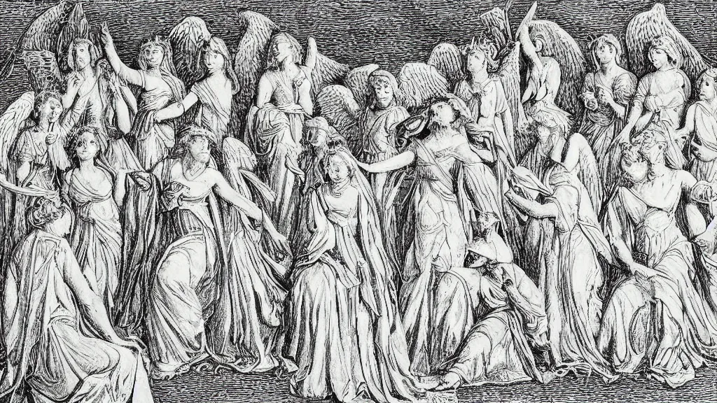 Prompt: a group of angels Crosshatching drawing