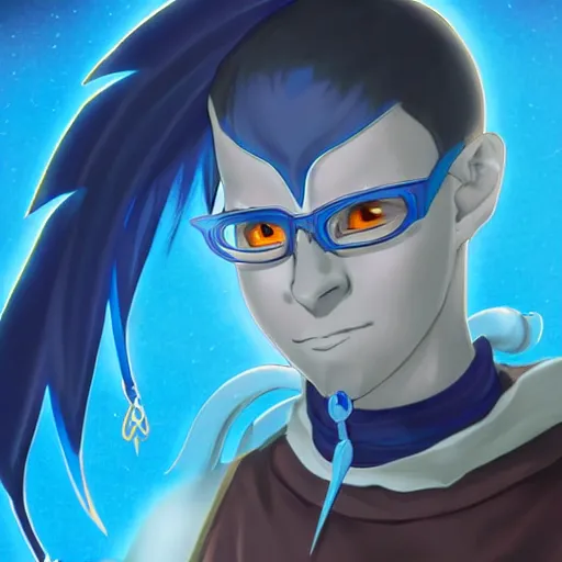 Image similar to half length portrait of a medieval d & d fantasy nerdy anthropomorphic blue dragon - headed - human hybrid with electrcity magic, anime key visual by miyazaki