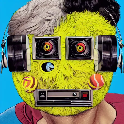 Image similar to a portrait of an anthropomorphic tennis ball monster by sandra chevrier, detailed render, tape deck, boombox, headphones, epic composition, cybernetics, 4 k realistic, cryengine, realistic shaded lighting, sharp focus, masterpiece, by matteo scalera, gary montalbano, peter elson in the style of the tokyo ghost comic