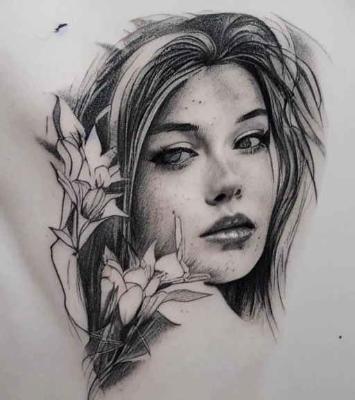 Image similar to tattoo design sketch of a beautiful woman face with a faded background of beautiful mountain nature on her side, hyper - realistic, double exposure effect, in the style of den yakovlev, amazing detail, black and white, faded