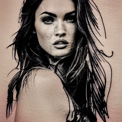 Image similar to tattoo design sketch with double exposure effect, megan fox face faded against beautiful mountain scenery, in the style of matteo pasqualin, amazing detail, mash up