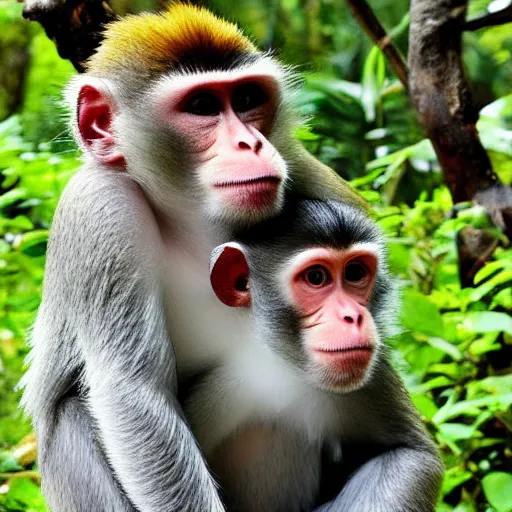 Image similar to Monkey nitpicking hair on human, photograph, relaxing photo