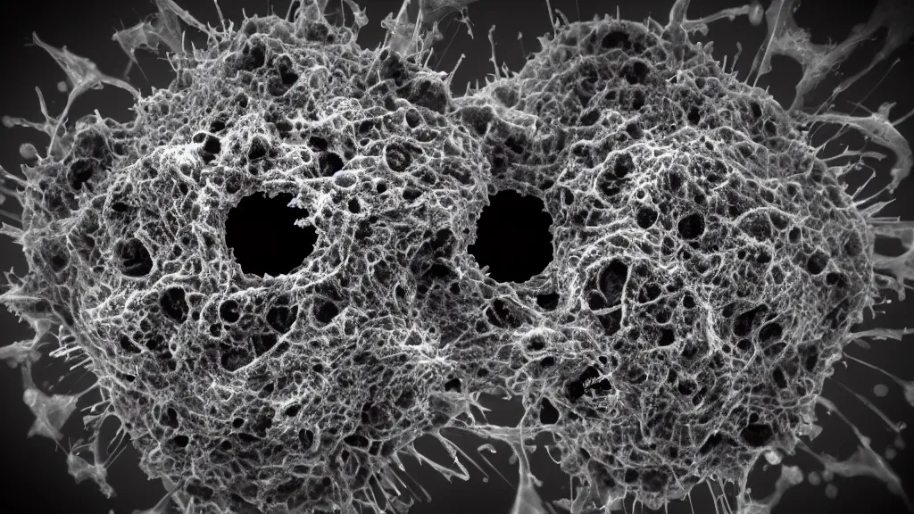 Prompt: beautiful microscope photo of a coronavirus through an electron microscope, dark, sinister, detailed, high contrast, art by Greg Rutkowski