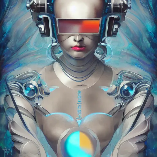 Image similar to scifi futurism automaton minimalism chrome by peter mohrbacher art Hajime Sorayama airbrush hyperrealism model abstract shatter fragments cubism futurism pastel blue soft flat minimal minimalism portrait face jackson pollock ukiyo-e lithograph mark ruthko swirl escape noise shimmer glow paint