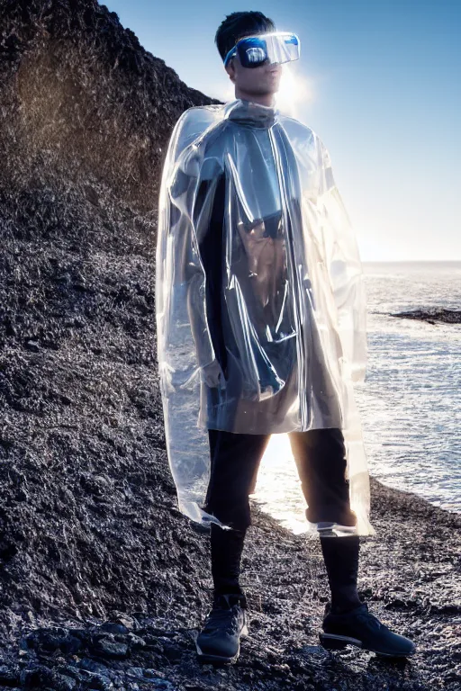 Image similar to an ultra high definition professional high fashion portrait studio full length photograph of a male model wearing a transparent pearlescent raincoat and neon visor planking in an icelandic black rock environment at dawn. no artefacts. extremely detailed. stark. refraction. shallow depth of field. volumetric light and shadow. ray tracing. light rays.