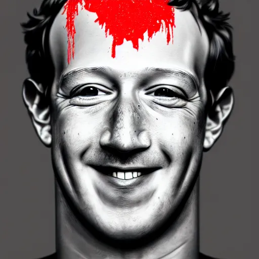 Prompt: a full portrait of mark zuckerberg, his eyes are bloodshot, his skin is pale, blood flows from his eyes over his cheeks, he grins evil, illustration but as f / 2 2, 3 5 mm, 2 7 0 0 k, lighting, perfect faces, award winning photography.