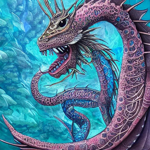 Image similar to underwater sea dragon, d & d style, trending on artstation, colorful, intricate, highly detailed art by aurore folny and ilse gort and yugin maffioli