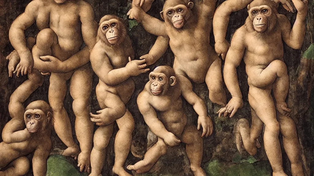 Prompt: fresco of chimpanzees, painted by Michelangelo, 1510