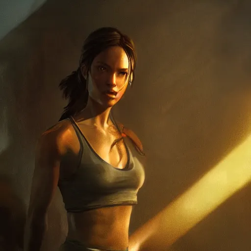 Image similar to lara croft, atmospheric lighting, painted, intricate, volumetric lighting, beautiful, golden hour, sharp focus, ultra detailed, by leesha hannigan, ross tran, thierry doizon, kai carpenter, ignacio fernandez rios