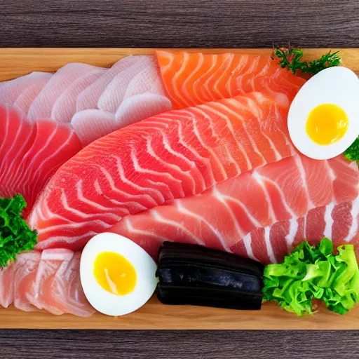 Image similar to digging board full of sashimi, sausages and hardboiled eggs