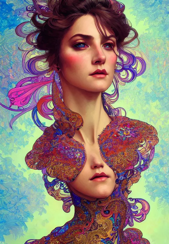 Image similar to portrait of a beautiful woman wearing a kaleidoscopic psychedelic dress, fantasy, intricate, elegant, highly detailed, digital painting, artstation, concept art, smooth, 8 k, sharp focus, illustration, art by artgerm and greg rutkowski and alphonse mucha