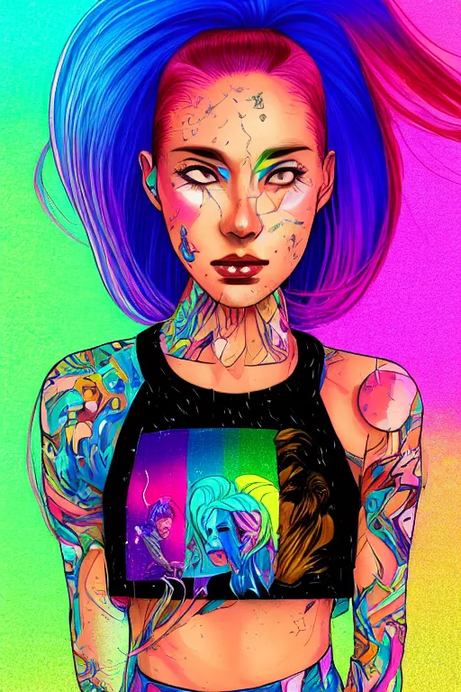 Image similar to a award winning half body portrait of a beautiful woman with stunning eyes in a printed croptop and cargo pants with rainbow colored ombre hairstyle head in motion and hair flying by josan gonzales, outrun, vaporware, shaded flat illustration, digital art, trending on artstation, highly detailed, fine detail, intricate