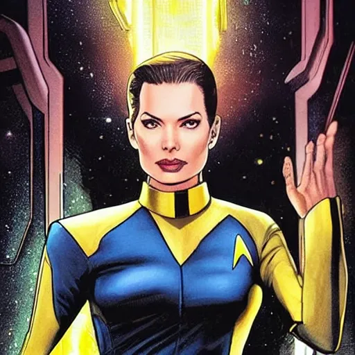 Prompt: rebecca romijn as number one, star trek strange new worlds, dark-hair, yellow and black uniform, intricate, elegant, highly detailed, smooth, sharp focus, full body, detailed face, high contrast, graphic novel, art by Ardian Syaf and Pepe Larraz,