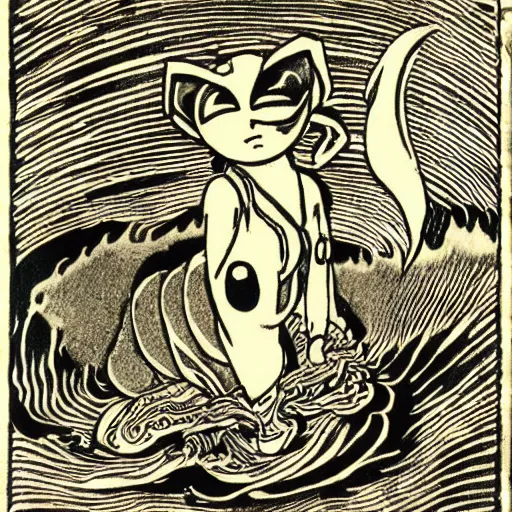 Image similar to Kyubey in the style of Japanese and European woodcuts