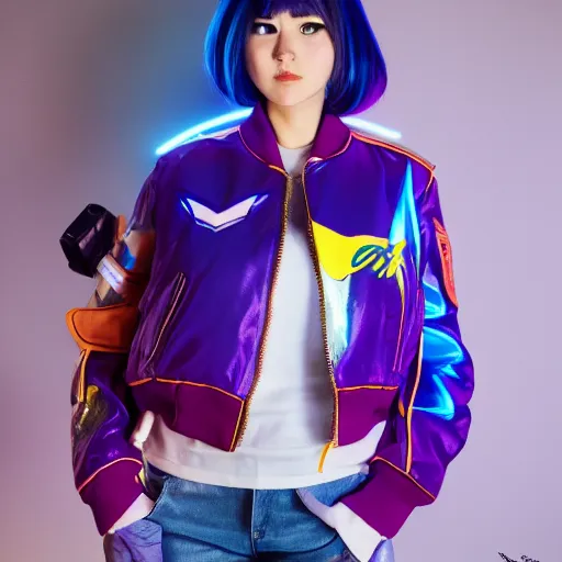 Image similar to waking dream, d. va from overwatch wearing ektachrome bomber jacket, style by malti klarwein