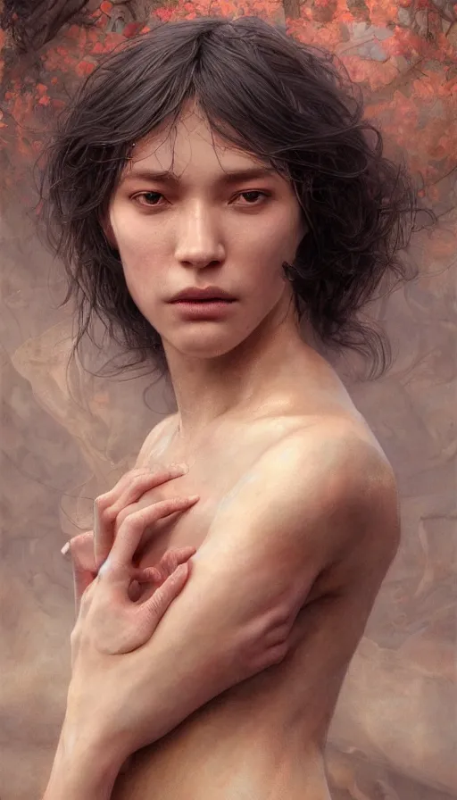 Image similar to epic masterpiece portrait spiritual, sweaty skin, hyperrealistic, octane render, cinematic, beautiful face and flawless skin, perfect hands, 5 fingers, ruby, by Edgar Maxence and Ross Tran and Michael Whelan, Legends of Runeterra