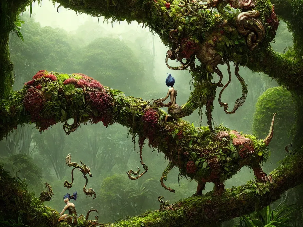 Image similar to metaverse creature in a lush trunda vegetation :: by Michal Karcz, Daniel Merriam, Victo Ngai and Guillermo del toro :: ornate, dynamic, particulate, intricate, elegant, highly detailed, centered, artstation, smooth, sharp focus, octane render, 3d