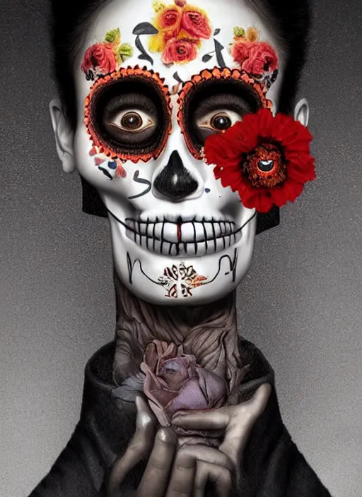 Image similar to dia de los muertos theme surrealist art in the styles of igor morski, jim warren, and giuseppe mastromatteo, winking, intricate, hyperrealistic, accurate facial details, profile picture with chromakey!!!!! background, volumetric lighting