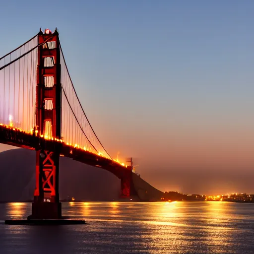 Image similar to a photo of a airplane flying under golden gate bridge at dusk