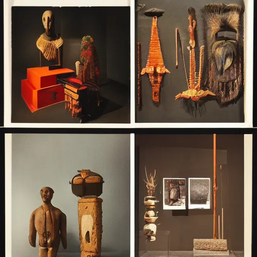 Image similar to A three color offset photography of objects on display, fluorescent, anthropology of wonder, exotic artifacts, colonial expedition, catalog exhibition, 60s style