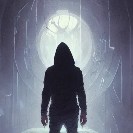 Image similar to a man in a black hoodie coming back home from a portal through the multiverse, vintage comic, greg rutkowski