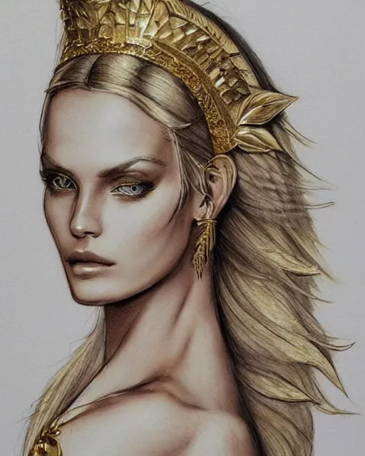 Image similar to tattoo design sketch of cute beautiful blonde super model as aphrodite greek goddess wearing a gold laurel wreath and triangle earrings, beautiful piercing gaze with sharp pupils, in the style of greg rutkowski, fantasy, amazing detail, epic, elegant, smooth, sharp focus, front view