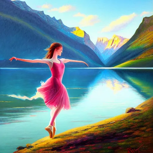 Prompt: a painting of a young woman dancing in front of a beautiful lake in switzerland, mountains on the background, high quality oil painting artstyle, feminine, delicate, hyperdetailed, in the style of artgerm, deviantart, figurative art, deviantart, ilya kuvshinov, lovecraftian