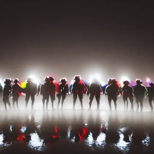 Image similar to unsplash contest winning photo, a giant crowd of men wearing shiny reflective mirrored polygonal man costumes, inside a colorful dramatic unique rocky western landscape, low fog, giant neon frame