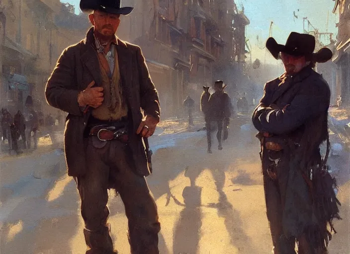 Image similar to oil painting of old rugged cowboy in wild west street, firing revolver, gun smoke, art by anders zorn, wonderful masterpiece by greg rutkowski, beautiful cinematic light, american romanticism by greg manchess, reflections in copper, sunlight, dust and steam