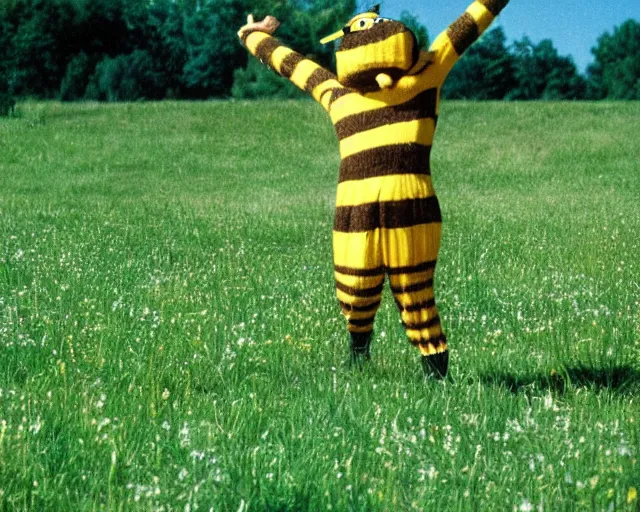 Image similar to William Dafoe dancing in the bee costume on the sunny meadow with clear sky, film still, very long shot, high detail