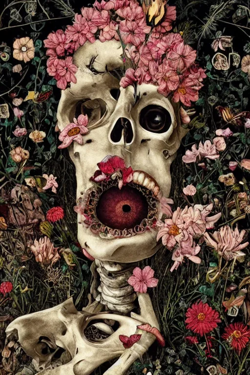 Prompt: a person lying among flowers and bones, large eyes and lips and is thinking about mortality, HD Mixed media collage, highly detailed and intricate, surreal illustration in the style of Caravaggio, baroque dark art