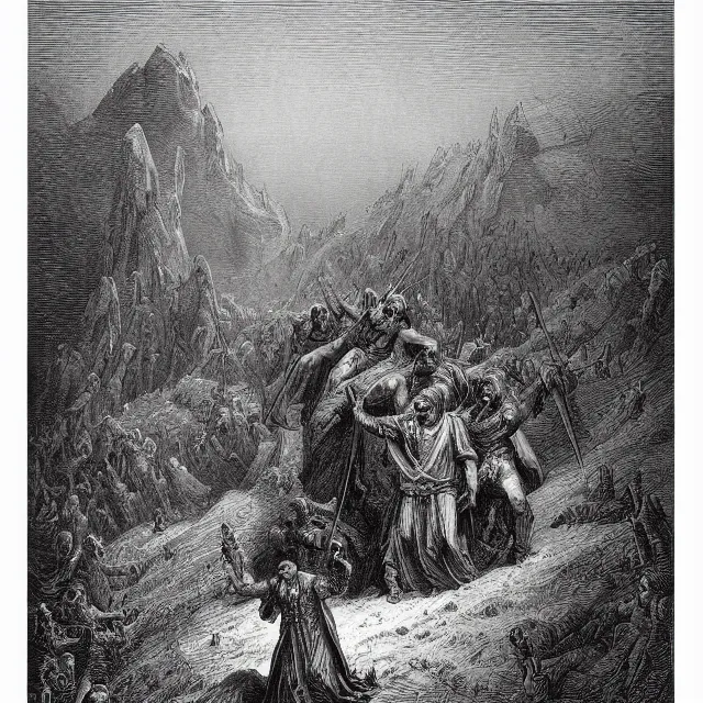 Prompt: an engraving of dante and virgil on the hellish plain of ice by gustave dore
