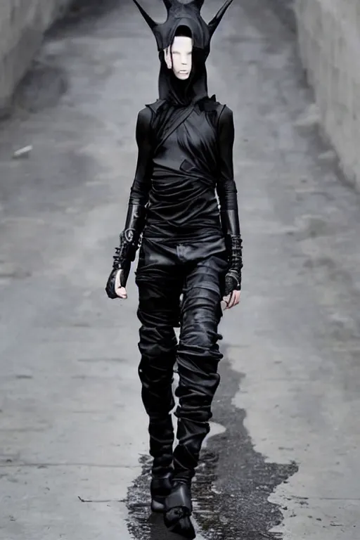 Image similar to beautiful androgynous high fashion avant garde techwear look and clothes, we can see them from feet to head, highly detailed and intricate, luxury, cinematic, rick owens, yohji yamamoto, y 3, outfit photo, hot on r / streetwear, trending on artstation,