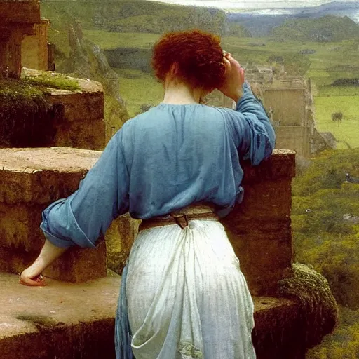 Image similar to a renaissance oil painting by alma tadema of a woman with skye blue clothes turned back on a stone balcony covered in moss with over shoulder view on desolated ruins of a city, colourful pastel artstation greg rutkowski, detailed academic bouguereau, sharp focus