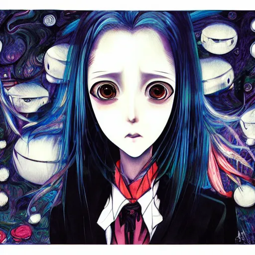 Image similar to yoshitaka amano realistic illustration of a sinister anime girl with big eyes and long wavy blue hair wearing dress suit with tie and surrounded by abstract junji ito style patterns in the background, blurred and dreamy illustration, noisy film grain effect, highly detailed, oil painting with expressive brush strokes, weird portrait angle