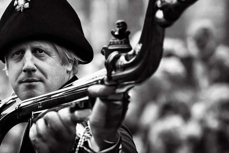 Image similar to closeup portrait of boris johnson dressed as a queen's guard firing a musket in a london street, natural light, sharp, detailed face, magazine, press, photo, steve mccurry, david lazar, canon, nikon, focus