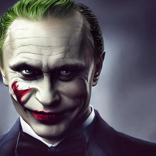 Image similar to Portrait of vladimir putin as the Joker from the DC comic, amazing splashscreen artwork, splash art, head slightly tilted, natural light, elegant, intricate, fantasy, atmospheric lighting, cinematic, matte painting, by Greg rutkowski