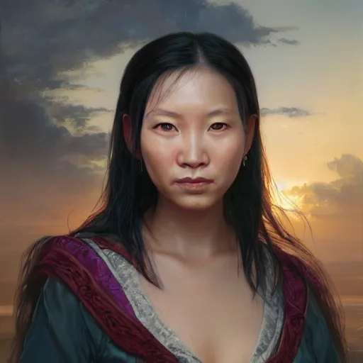 Image similar to portrait of an amis pangcah woman ( 3 5 ) from taiwan in 2 0 2 1, an oil painting by ross tran and thomas kincade