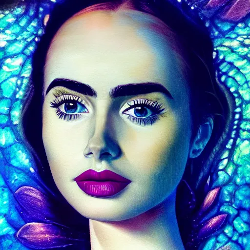 Image similar to portrait of a beautiful blonde queen girl lily collins, floating under the deep dream water, beautiful smooth soft light + white petal, oil paint, closeup, 4 k, highly detailed, instagram,