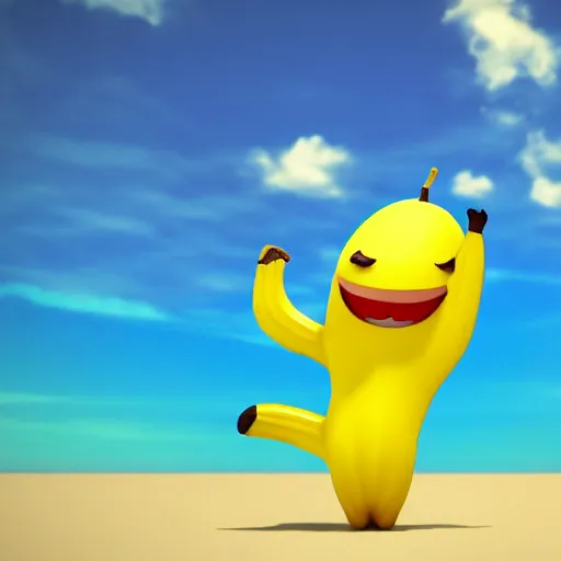 Image similar to Dancing banana at the beach, 3d render, cute, chibi, shaded