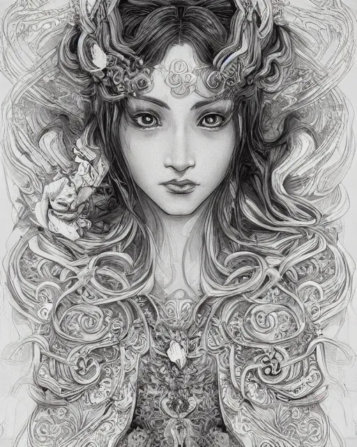 Prompt: portrait of a woman, baroque style, elegant, beautiful, mesmerizing, concept art, intricate linework, detailed and intricate environment, highly detailed, artstation, behance, deviantart, inspired by monstress, sana takeda