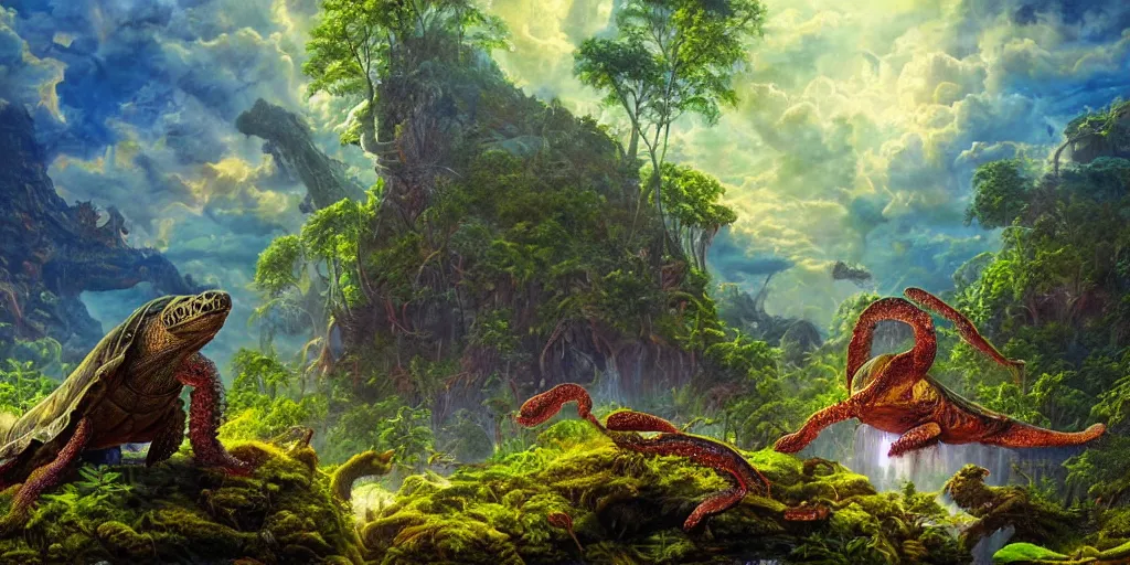 Image similar to fantasy oil painting, great leviathan, turtle cephalopod terrapin reptilian pachyderm amphibian hybrid, rainforest mountains, lush plants flowers, epic natural light, bright clouds, luminous sky, outer worlds, bright cinematic lighting, michael cheval, michael whelan, vray, 8 k hd