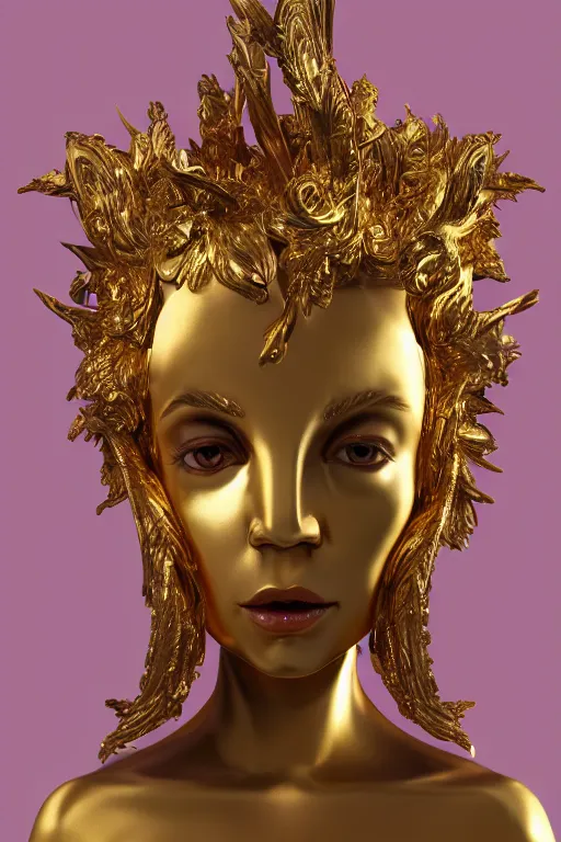 Image similar to britney spears, gold ornaments around face, gold beam behind, beautiful face, surrealism, sculpture, baroque element. intricate artwork by caravaggio, trending on artstation, baroque elements, octane render, cinematic lighting, hyper realism,