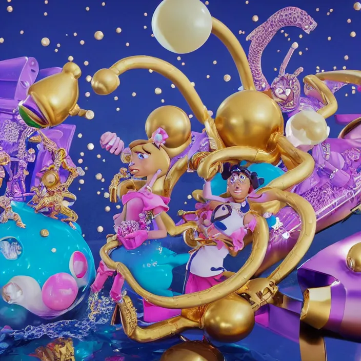 Prompt: jeff koons hip hop bauhaus style street sharks sailor moon wearing diamond grillz and a ton of bussdown iced gold bling in wallace & gromit strata - cut claymation, ultra realistic, concept art, intricate details, serious, highly detailed, photorealistic, octane render, 8 k, unreal engine, art by artgerm