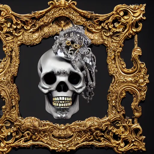 Image similar to a portrait of a beautiful ornate and intricate rococo skull with silver and gold details and diamonds inside a rococo frame, 4k, octane render, vray, unreal engine, photorealistic