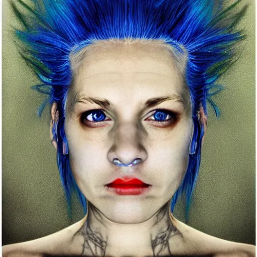 Image similar to Dragon lady, portrait of young girl half dragon half human, Dragon skin, Dragon eyes, Blue hair, Long hair, by David Lynch