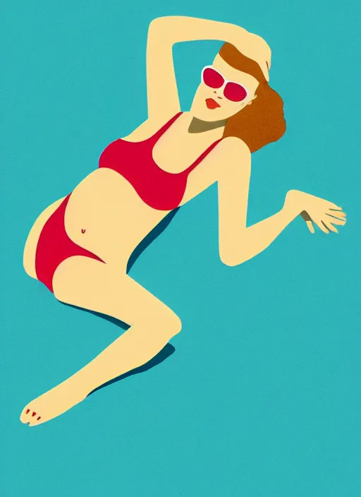 Prompt: portrait of a girl, in retro swimsuit, lying by the pool, minimalist illustration, flat colors, contrasting shadows art by anri matiss, maria medem, roberts rurans